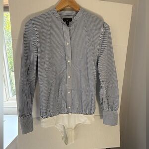 J. Crew Blue and White Striped Button-Front Bodysuit Shirt